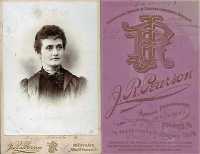 Click to view full size image
==============
Elizabeth “Lizzie” Gilfoyle
THIS HAS BEEN RETURNED TO FAMILY
This Cabinet Card Photo States: ""Lizzie Gilfoyle, from Annie Lonsman, 28 December, 1893."
The Photographers name is "Pearson", Pittsburg, Pennsylvania.
Elizabeth “Lizzie” Gilfoyle
THIS HAS BEEN RETURNED TO FAMILY
This Cabinet Card Photo States: ""Lizzie Gilfoyle, from Annie Lonsman, 28 December, 1893."
The Photographers name is "Pearson", Pittsburg, Pennsylvania.