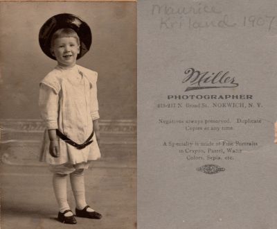 Maurice Stratton Ireland

This CdV Photograph States: "Maurice Kriland", 1907.

NOTE:  After Further Investigation by Betsy Dunphy this is actually Maurice Stratton Ireland. What's fascinating and frustrating about this one is that the surname of Kriland doesn't seem to exist. At least not in the traditional means of tracking names.  The handwriting on the back looks to be of a more modern style. There is a Maurice Ireland born 1904 who lived with his family in Norwich, New York at around the same time as the date on this photo.
