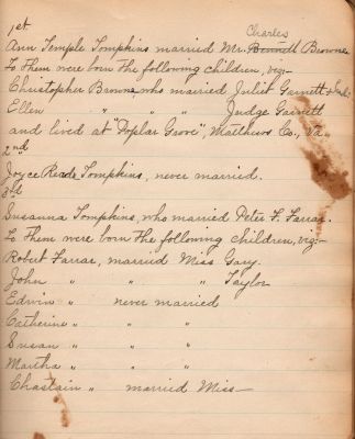 Click to view full size image
==============
Captain Sally Louisa Tompkins Genealogy Book, Page 11
THIS HAS BEEN DONATED TO THE VIRGINIA MUSEUM OF HISTORY & CULTURE.
Tompkins Genealogy Book.
Page 11
Captain Sally Louisa Tompkins Genealogy Book, Page 11
THIS HAS BEEN DONATED TO THE VIRGINIA MUSEUM OF HISTORY & CULTURE.
Tompkins Genealogy Book.
Page 11