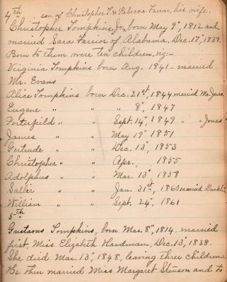 Click to view full size image
==============
Captain Sally Louisa Tompkins Genealogy Book, Page 18
THIS HAS BEEN DONATED TO THE VIRGINIA MUSEUM OF HISTORY & CULTURE.
Tompkins Genealogy Book.
Page 18
Captain Sally Louisa Tompkins Genealogy Book, Page 18
THIS HAS BEEN DONATED TO THE VIRGINIA MUSEUM OF HISTORY & CULTURE.
Tompkins Genealogy Book.
Page 18