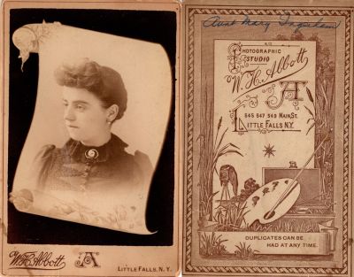 Click to view full size image
==============
Mary Ingerham
This Cabinet Card Photo States: "Aunt Mary Ingerham"
The Photographers name is "W. H. Abbott", Little Falls, New York.
Mary Ingerham
This Cabinet Card Photo States: "Aunt Mary Ingerham"
The Photographers name is "W. H. Abbott", Little Falls, New York.