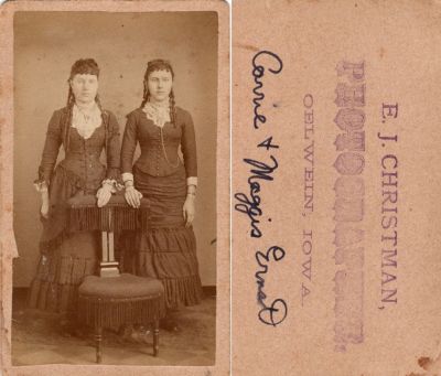 Carrie J. & Margaret Elizabeth Ernst

This CdV Photograph States: "Carrie & Meggis or Maggis Ernst"

The Photographers name is "E. J. Christman", Oelwein, Iowa.
