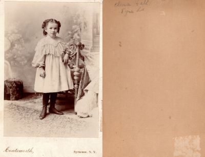 Click to view full size image
==============
Elma A. Hall
This Cabinet Card Photo States: "Elma Hall, 8 Years Old".
The Photographers name is "Coatsworth", Syracuse, New York
Elma A. Hall
This Cabinet Card Photo States: "Elma Hall, 8 Years Old".
The Photographers name is "Coatsworth", Syracuse, New York