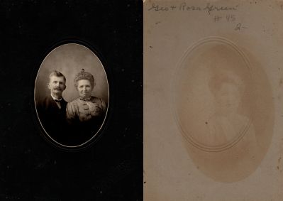 Click to view full size image
==============
George & Rosa Green
This photo mounted on board states: "Geo. & Rosa Green"
The Photographers name is "Arthur G. Gillette Studio", Grand Rapids, Michigan.
George & Rosa Green
This photo mounted on board states: "Geo. & Rosa Green"
The Photographers name is "Arthur G. Gillette Studio", Grand Rapids, Michigan.