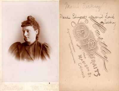 Maude Edmonds Vickroy

This Cabinet Card Photo States: "Maud Vickroy, Maude Edmonds Married Frank Vickroy"

NOTE: Maude/Maud is spelled both ways in the description

The Photographers name is "Hartley's Portraits", Chicago, Illinois.
