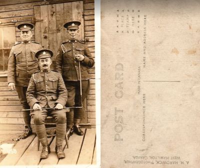 Unidentified

Unidentified Real Photo Postcard (RPPC) of Canadian Military Men.

The Photographer is A. H. Hardwick, West Hamilton, Canada.
