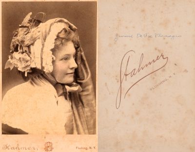 Jennie DeVoe Flanagen

This Cabinet Card Photo States: "Jennie DeVoe Flanagen"

The Photographers name is "Stahmer", Flushing, New York.
