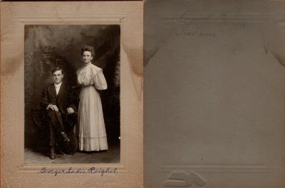 Click to view full size image
==============
George Henry Reighel & Sarah "Sadie" Johnson Reighel
This was Donated by Diane Senalik.
The front of the photo mounted on board states: "George & Sadie Reighel"
The back of the photo mounted on board states: "26 August 1908, Aunt Anna"
The Photographers name is "Powell Studio", Kankakee, Illinois
George Henry Reighel & Sarah "Sadie" Johnson Reighel
This was Donated by Diane Senalik.
The front of the photo mounted on board states: "George & Sadie Reighel"
The back of the photo mounted on board states: "26 August 1908, Aunt Anna"
The Photographers name is "Powell Studio", Kankakee, Illinois