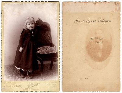 Annie Pearl Clayton

This Cabinet Card Photo States: "Annie Pearl Clayton"

The Photographers name is "F. L. Hogan", Petoskey, Michigan.

NOTE: Annie Pearl Clayton was Born on 23 August 1889, in Little Traverse Township, Emmet, Michigan & She Died on 12 June 1970, at the age of 80.

Annie Pearl Clayton Married Ernest Francis Russell on 17 September 1913, in Harbor Springs, Emmet, Michigan.

