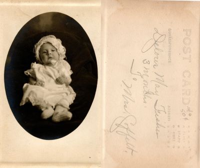 Delores May Fisher

This Real Photo Postcard (RPPC) States: "Delores May Fisher, 3 months"

It is addressed to Mrs. Coffelt.

There is no location noted.
