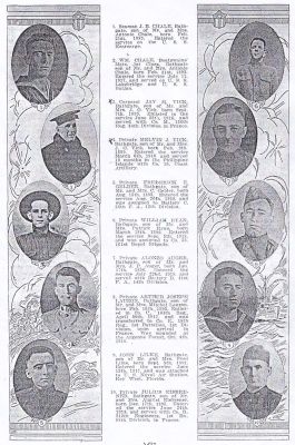J. B. Chale, Wm. Chale, Jay M. Vick, Melvin J. Vick, Frederick E. Gelder, William Ryan, Alonzo Auger, Arthur Joseph Lauzon, John Lilke & Julius Eisbrener

This was shared by Jaque Callis.

Seaman J. B. Chale, Wm. Chale, Corporal Jay M. Vick, Private Melvin J. Vick, Private Frederick E. Gelder, Private William Ryan, Private Alonzo Auger, Private Arthur Joseph Lauzon, John Lilke, Private Julius Eisbrener.
