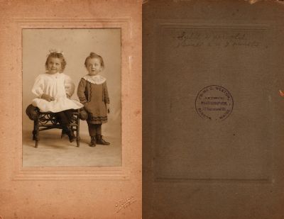 Click to view full size image
==============
Sybil Elizabeth Huntting & Newell G. Huntting
This photo mounted on board states: "Sybil 4 Years Old & Newell 2 years, 7 months"
The Photographers name is "Weston", Bangor, Maine.
Sybil Elizabeth Huntting & Newell G. Huntting
This photo mounted on board states: "Sybil 4 Years Old & Newell 2 years, 7 months"
The Photographers name is "Weston", Bangor, Maine.