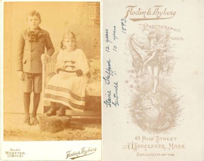 Click to view full size image
==============
Stephen Barton Stafford & Anna Gertrude Stafford
THIS HAS BEEN RETURNED TO FAMILY
This Cabinet Card Photo States: "Stevie Stafford, 12 Years & Gertrude Stafford, 10 Years."
The Photographers name is "Flodin & Thyberg", Worcester, Massachusetts.
Stephen Barton Stafford & Anna Gertrude Stafford
THIS HAS BEEN RETURNED TO FAMILY
This Cabinet Card Photo States: "Stevie Stafford, 12 Years & Gertrude Stafford, 10 Years."
The Photographers name is "Flodin & Thyberg", Worcester, Massachusetts.