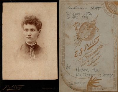 Constance L. Mott

This Cabinet Card Photo States: "Constance Mott, 21 September 1855 - 5 April 1941. D/O Peter Mott & Victorine Cattey"

The Photographers name is "E. J. Potter", Mansfield, Ohio.

