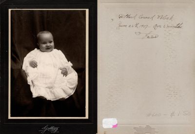 Click to view full size image
==============
William Conrad Block
This was Donated by Amber Genett Smits.
This photo mounted on board states: "Willard Conrad Block", 26 June 1907---Age 6 Months. St. Paul."
William Conrad Block
This was Donated by Amber Genett Smits.
This photo mounted on board states: "Willard Conrad Block", 26 June 1907---Age 6 Months. St. Paul."