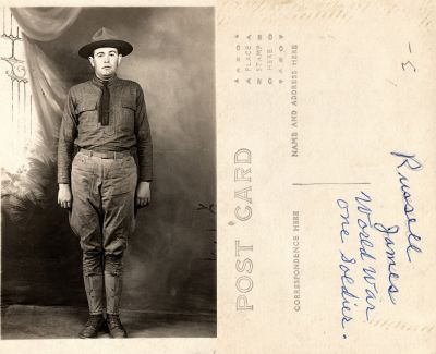 Russell James

This was Donated by Cheryl Webber.

This Real Photo Postcard (RPPC) States: "Russell James, World War One Soldier"

