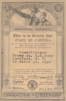 Click to view full size image
==============
Starr Ephraim McConnell
THIS HAS BEEN RETURNED TO FAMILY
This is a 1931 BSA (Boy Scouts Membership Card) for "Starr McConnell"
Starr Ephraim McConnell
THIS HAS BEEN RETURNED TO FAMILY
This is a 1931 BSA (Boy Scouts Membership Card) for "Starr McConnell"