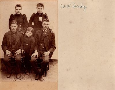 Click to view full size image
==============
The Wolf Family
This was Donated by Mel Gamertsfelder.
This Cabinet Card Photo States: "Wolf Family"
There is no location Noted.
The Wolf Family
This was Donated by Mel Gamertsfelder.
This Cabinet Card Photo States: "Wolf Family"
There is no location Noted.