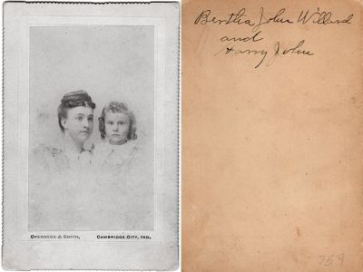 Click to view full size image
==============
Bertha John Willard & Harry John
This photo mounted on board states: "Bertha John Willard & Harry John"
The Photographers name is "Overbeck & Smith", Cambridge City, Indiana.
Bertha John Willard & Harry John
This photo mounted on board states: "Bertha John Willard & Harry John"
The Photographers name is "Overbeck & Smith", Cambridge City, Indiana.