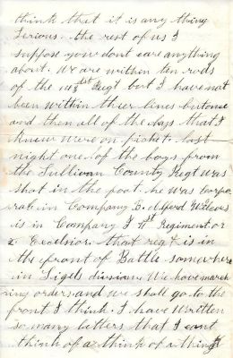 Click to view full size image
==============
Leroy Wheeler Civil War Letter
THIS HAS BEEN DONATED TO THE NEW YORK STATE MILITARY MUSEUM.
Civil War Letter Home, (Leroy M. Wheeler) Album. Complete transcribed text of letter in album description. The original letter is four pages long, and was donated by Judy Gelfand.
Leroy Wheeler Civil War Letter
THIS HAS BEEN DONATED TO THE NEW YORK STATE MILITARY MUSEUM.
Civil War Letter Home, (Leroy M. Wheeler) Album. Complete transcribed text of letter in album description. The original letter is four pages long, and was donated by Judy Gelfand.