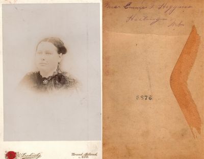 Click to view full size image
==============
Mrs. Emma J. Higgins
This Cabinet Card Photo States: "Mrs. Emma J. Higgins, Hastings, Nebraska."
The Photographers name is "Leschinsky", Grand Island, Nebraska.
Mrs. Emma J. Higgins
This Cabinet Card Photo States: "Mrs. Emma J. Higgins, Hastings, Nebraska."
The Photographers name is "Leschinsky", Grand Island, Nebraska.