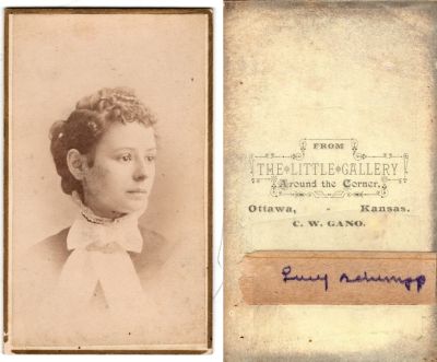 Click to view full size image
==============
Lucy Ann Troutman Schempp
This was Donated by Cheryl Webber.
This CdV Photograph states: "Lucy Schempp"
The Photographers name is "The Little Gallery Around The Corner", Ottawa, Kansas.
Lucy Ann Troutman Schempp
This was Donated by Cheryl Webber.
This CdV Photograph states: "Lucy Schempp"
The Photographers name is "The Little Gallery Around The Corner", Ottawa, Kansas.