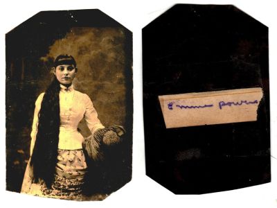 Click to view full size image
==============
Emma M.Troutman Powers
This was Donated by Cheryl Webber.
This Tintype states: "Emma Powers"
Emma M.Troutman Powers
This was Donated by Cheryl Webber.
This Tintype states: "Emma Powers"