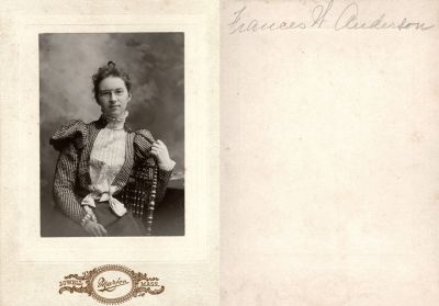 Click to view full size image
==============
Frances W. Anderson
This photo mounted on board states: "Frances W. Anderson"
The Photographers name is "Marion", Lowell, Massachusetts
Frances W. Anderson
This photo mounted on board states: "Frances W. Anderson"
The Photographers name is "Marion", Lowell, Massachusetts