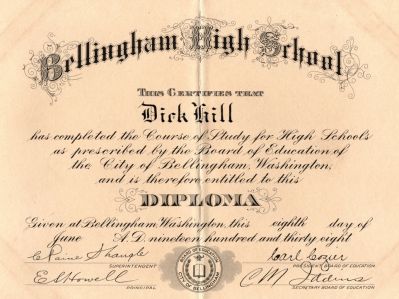 Click to view full size image
==============
Dick Hill
Bellingham High School Diploma for Dick Hill.
Date of Diploma is 8 June 1939.
Dick Hill
Bellingham High School Diploma for Dick Hill.
Date of Diploma is 8 June 1939.