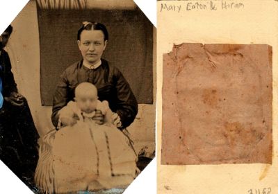 Click to view full size image
==============
Mary Castor Eaton & Hiram
This Tintype Photo States: "Mary Eaton & Hiram"
Mary Castor Eaton & Hiram
This Tintype Photo States: "Mary Eaton & Hiram"