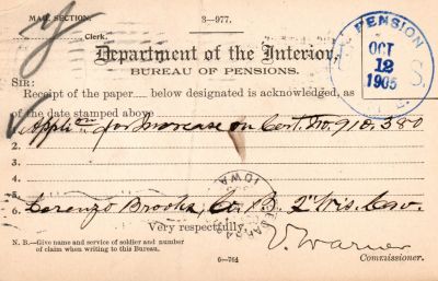 Click to view full size image
==============
Lorenzo Brooks
This was Donated by Mary Muhlfeld
Lorenzo Brooks Civil War Document
Lorenzo Brooks
This was Donated by Mary Muhlfeld
Lorenzo Brooks Civil War Document