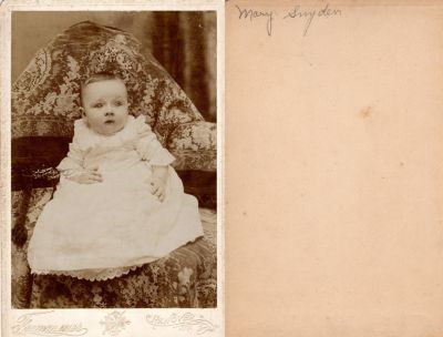 Click to view full size image
==============
Mary Snyder
This Cabinet Card Photo States: "Mary Snyder"
The Photographers name is "Frommeyer", Hanover, Pennsylvania
Mary Snyder
This Cabinet Card Photo States: "Mary Snyder"
The Photographers name is "Frommeyer", Hanover, Pennsylvania
