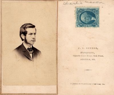 Click to view full size image
==============
Charles Morris Mason
This CdV Photograph States: "Charlie Mason"
The Photographers name is "J. S. Bender", Augusta, Maine.
Charles Morris Mason
This CdV Photograph States: "Charlie Mason"
The Photographers name is "J. S. Bender", Augusta, Maine.
