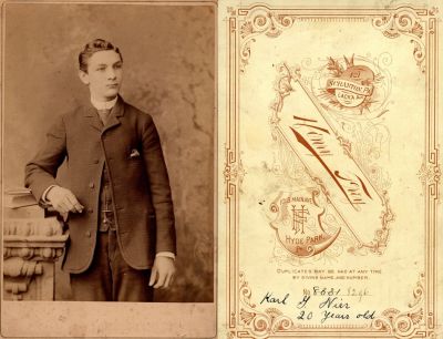 Click to view full size image
==============
Karl G. Nier
This Cabinet Card Photo States" Karl G. Nier, Taken at 20 Years old"
The Photographers name is "Frey", Either in Scranton Pennsylvania OR Hyde Park, Pennsylvania.
NOTE: (This Photographer is at two locations)
Karl G. Nier
This Cabinet Card Photo States" Karl G. Nier, Taken at 20 Years old"
The Photographers name is "Frey", Either in Scranton Pennsylvania OR Hyde Park, Pennsylvania.
NOTE: (This Photographer is at two locations)