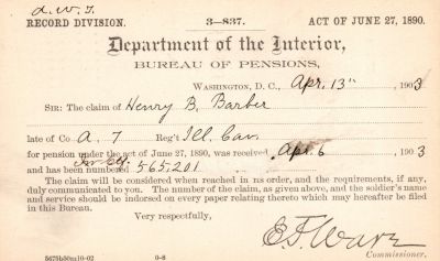 Click to view full size image
==============
Henry B. Barber
This was Donated by Mary Muhlfeld
Civil War Document for Henry B. Barber
Henry B. Barber
This was Donated by Mary Muhlfeld
Civil War Document for Henry B. Barber