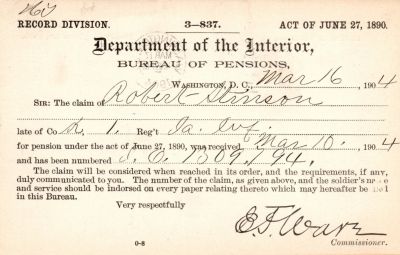 Robert Stinson 
This was Donated by Mary Muhlfeld

Civil War Document for Robert Stinson.

NOTE: Company A of the 1st Regiment, Iowa Infantry was enrolled in Muscatine County in 1861. The 1st Regiment, Iowa Infantry was a Union Army infantry regiment that served in the American Civil War. The regiment was organized in Keokuk and mustered in on 14 May 1861 after President Abraham Lincoln called for 75,000 volunteer soldiers in April 1861. The regiment's experience during the Civil War included: Action at Forsyth on 22 July, Dug Springs on 2 August, and Battle of Wilson's Creek on 10 August.


