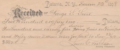 George L. Scott

Receipt for Mortgage For George L. Scott.

Dated November 23 1898,
Batavia, New York.
