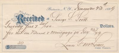 George L. Scott

Receipt for Mortgage For George L. Scott.

Dated 23 November 1899, Batavia, New York.

