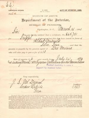 Click to view full size image
==============
Albert Griswold
This was Donated by Mary Muhlfeld
Civil War Document for Albert Griswold of Solon, Iowa.
Albert Griswold
This was Donated by Mary Muhlfeld
Civil War Document for Albert Griswold of Solon, Iowa.