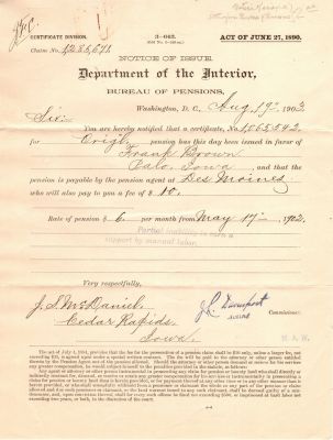 Click to view full size image
==============
Frank Brown
This was Donated by Mary Muhlfeld
Civil War Document for Frank Brown of Palo, Iowa.
Frank Brown
This was Donated by Mary Muhlfeld
Civil War Document for Frank Brown of Palo, Iowa.