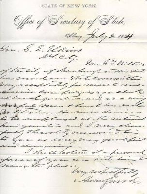 Col. Anson Sprague Wood

This was shared by Tammy Jorgensen

This letter was written on State of New York Secretary of State Stationary and was signed by the Deputy Secretary Anson S. Wood. Wood is writing the RNC to recommend one G. F. Wiltrie for a clerkship (presumably at Republican Headquarters). Wood has had included his business card. 
