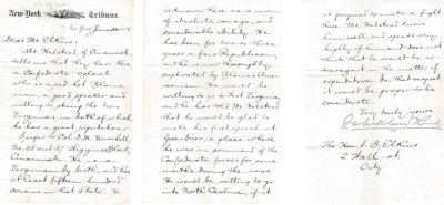 Whitelaw Reid

THIS HAS BEEN DONATED TO THE NEW YORK HISTORICAL SOCIETY.

This Letter Was Signed by Whitelaw Reid, a Horace Greeley sidekick & owner of the New York Tribune. In the Letter, Reid Tells the RNC about a former Confederate Officer, Colonel D. M. Hounshell of Virgina. According to Reid's sources, Houndshell was a hardcore Republican and well suited to speak on behalf of Blaine. The letter was written on New York Tribune Stationary on 30 June 1884.

