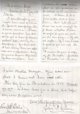 John Phillip Clum

THIS LETTER HAS BEEN DONATED TO TOMBSTONE EPITAPH MUSEUM

This is a Letter Written by John Phillip Clum of Arizona to the Republican National Convention in 1884.

