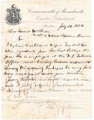 George Dexter Robinson

THIS HAS BEEN RETURNED TO FAMILY

This Letter was Written on Commonwealth of Massachusetts Executive Department Stationary & recommends a Mr. Rossiter for employment with the RNC. This recommendation was certainly taken seriously as its author, George Dexter Robinson was the Governor of Massachusetts. While he served as Governor 3 times, his most interesting achievement was defending Lizzie Borden, The infamous axe murderer.

The Letter was Written on 29 July 1884.

