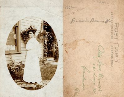 Click to view full size image
==============
Bertha Ellen “Bessie” Gephart Bennett
THIS HAS BEEN RETURNED TO FAMILY
This Real Photo Postcard (RPPC) States: "Bessie Bennett. Ohio, 1901. It is addressed to Mrs. Jane Bennett, 221 Long Street, Cambridge, Ohio.
NOTE: Census Records show her in-laws at the address in Cambridge, OH that the post card was addressed to.
Bertha Ellen “Bessie” Gephart Bennett
THIS HAS BEEN RETURNED TO FAMILY
This Real Photo Postcard (RPPC) States: "Bessie Bennett. Ohio, 1901. It is addressed to Mrs. Jane Bennett, 221 Long Street, Cambridge, Ohio.
NOTE: Census Records show her in-laws at the address in Cambridge, OH that the post card was addressed to.