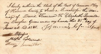David Finnicum & Mary Elizabeth Lowmiller Marriage License

THIS HAS BEEN RETURNED TO FAMILY

This was Donated by a Anonymous Donor.

Authorization for the Clerk of the Common Plea of Harrison County to issue a Marriage License for David Finnicum & Mary Elizabeth Lowmiller. Date of request is 28 June 1828.
