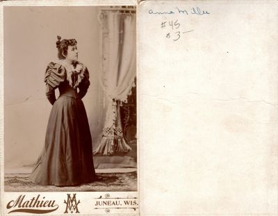 Anna Miller

This Cabinet Card Photo States: "Anna Miller"

The Photographers name is "Mathieu", Juneau, Wisconsin
