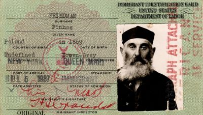 Click to view full size image
==============
Pinhas Friedman
This was Donated by Elaine Swan.
This is a Immigrant Identification Card for Pinhas Friedman. He originated from Poland and arrived in New York on the Queen Mary. Date of arrival was 5 July 1887.
Pinhas Friedman
This was Donated by Elaine Swan.
This is a Immigrant Identification Card for Pinhas Friedman. He originated from Poland and arrived in New York on the Queen Mary. Date of arrival was 5 July 1887.