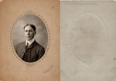 Click to view full size image
==============
Clifford "Cliff" Arnold
This photo mounted on board states: "Cliff Arnold"
The Photographers name is "Nicholson's Sons", Crawfordsville, Indiana.
Clifford "Cliff" Arnold
This photo mounted on board states: "Cliff Arnold"
The Photographers name is "Nicholson's Sons", Crawfordsville, Indiana.