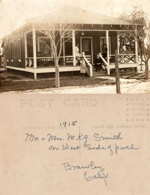 Click to view full size image
==============
Mr. & Mrs. Maurice Kelley Gettys Smith
This Real Photo Postcard (RPPC) States: "Mr. & Mrs. M. K. G. Smith", on West side of Porch. Brawley, California. 1915.
Mr. & Mrs. Maurice Kelley Gettys Smith
This Real Photo Postcard (RPPC) States: "Mr. & Mrs. M. K. G. Smith", on West side of Porch. Brawley, California. 1915.